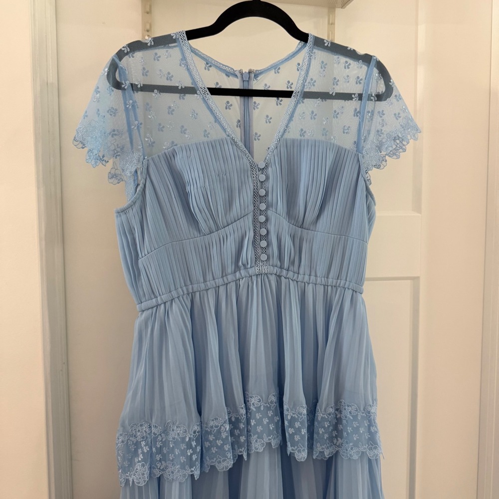 Self-Portrait Light Blue Chiffon Tiered Lace Midi Dress Pleated Short Sleeve 8 - Picture 2 of 8
